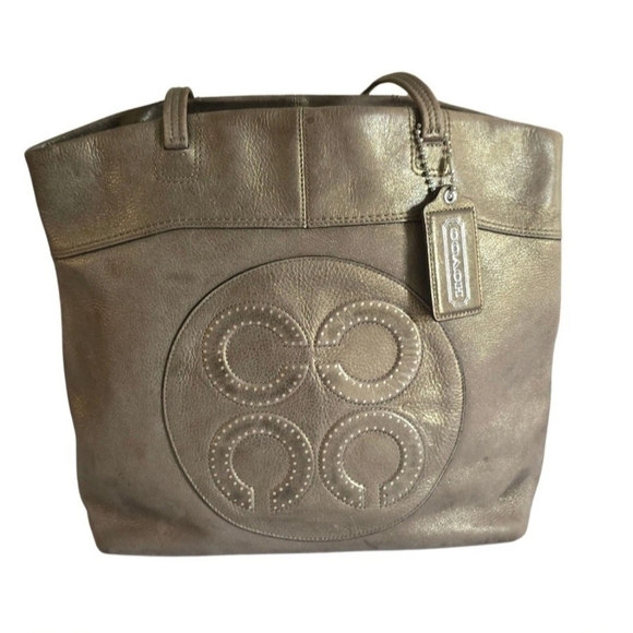 COACH Julia Tote Op Art Metallic Bronze Leather Laura Embossed Large Bag, 14967 - Picture 1 of 15